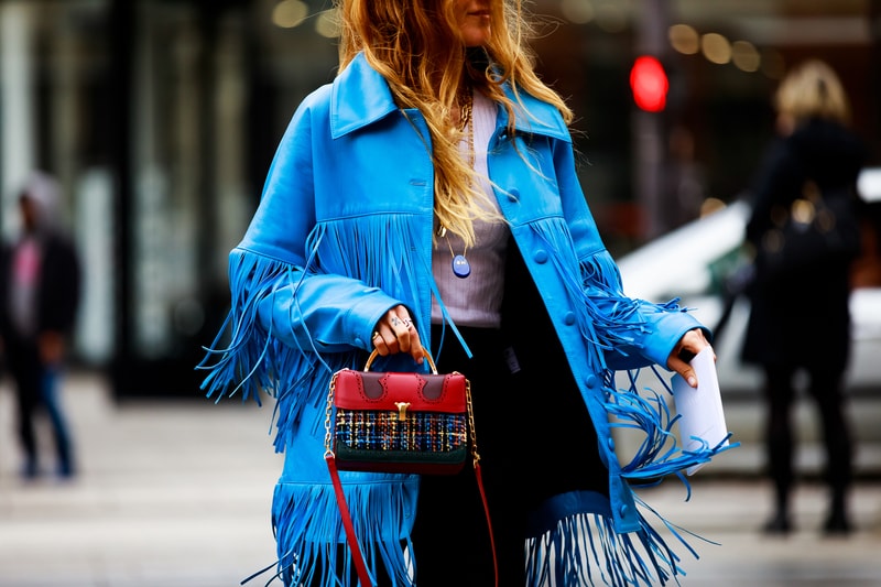 Paris Fashion Week Street Style Fall Winter 2019 Jacket Blue Bag Red Black