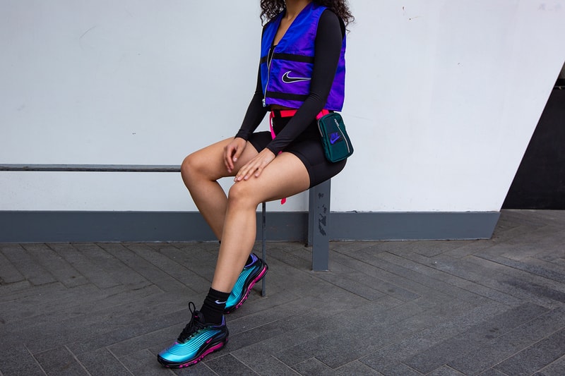 Frankie Collective Reworked Nike Crop Vest Waist Bag Air Max Deluxe Black Laser Fuchsia Regency Purple Editorial Air Max Day 2019 Sara Gourlay Vintage
