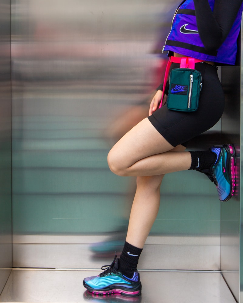 Frankie Collective Reworked Nike Crop Vest Waist Bag Air Max Deluxe Black Laser Fuchsia Regency Purple Editorial Air Max Day 2019 Sara Gourlay Vintage