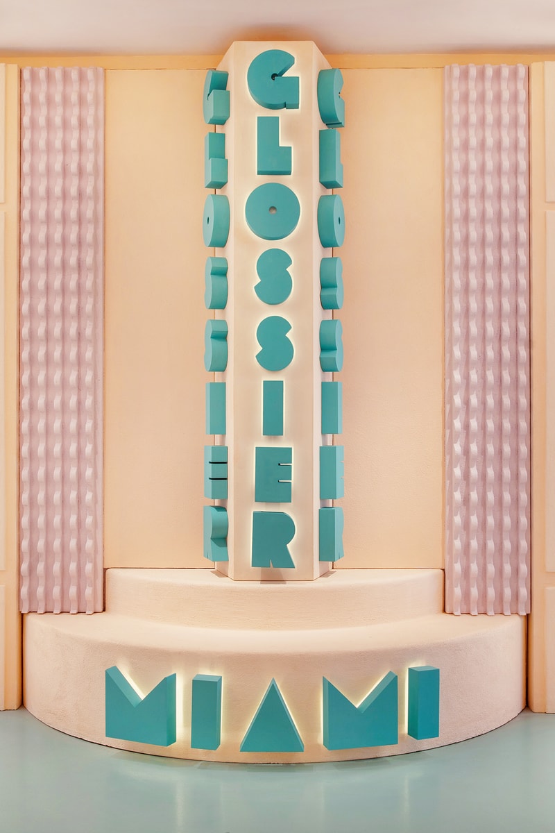 Glossier Miami Pop-Up Store 2019 Interior Emily Weiss Makeup Skincare Fragrance Beauty Cosmetics Pink Millennial Pastel Art Deco Design Mural Jacquie Comrie