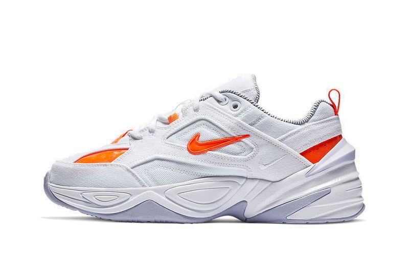 Nike M2K Tekno "Denim White/Hyper Crimson" Drop Sneaker Shoe Spring Trainer Orange Details Swoosh 