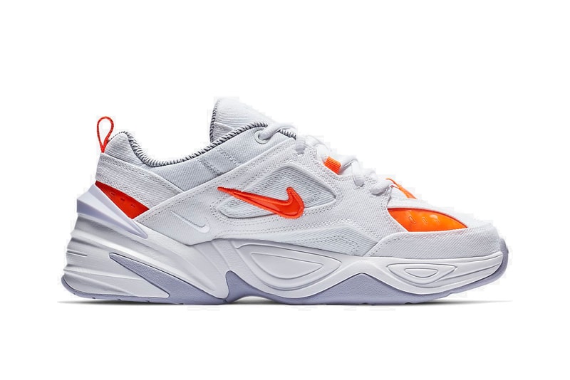 Nike M2K Tekno "Denim White/Hyper Crimson" Drop Sneaker Shoe Spring Trainer Orange Details Swoosh 