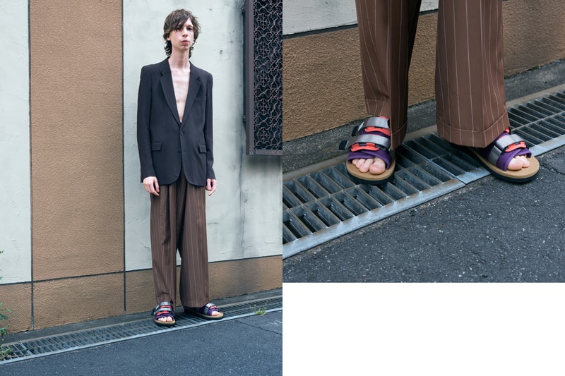 SUICOKE Spring Summer 2019 Lookbook Blazer Black Pants Brown Sandals Purple Red