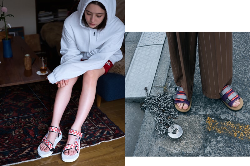 SUICOKE Spring Summer 2019 Lookbook Sandals White Red Hoodie Grey