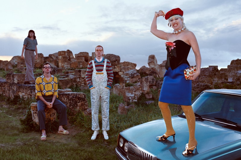 Gucci Pre Fall 2019 Campaign Collection Top Black Skirt Blue Tights Yellow Overalls White Pants Navy