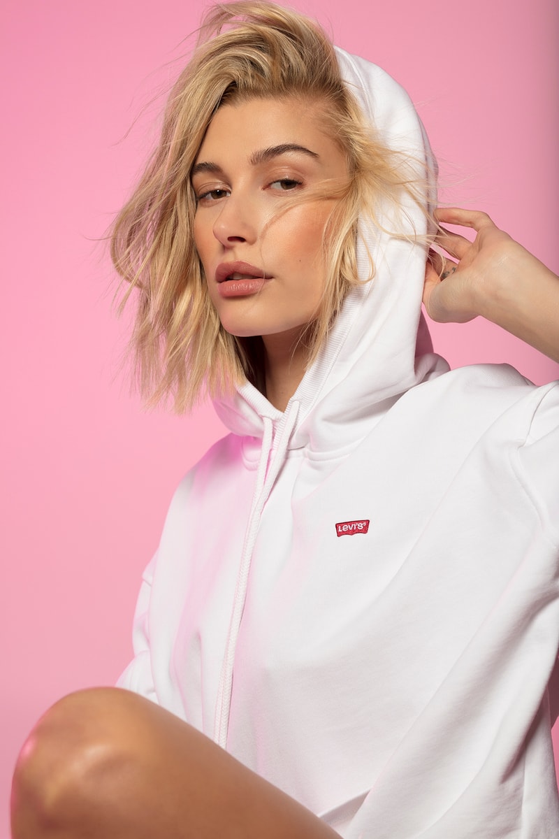 Hailey Baldwin Bieber Levi's 501 White Hoodie Logo