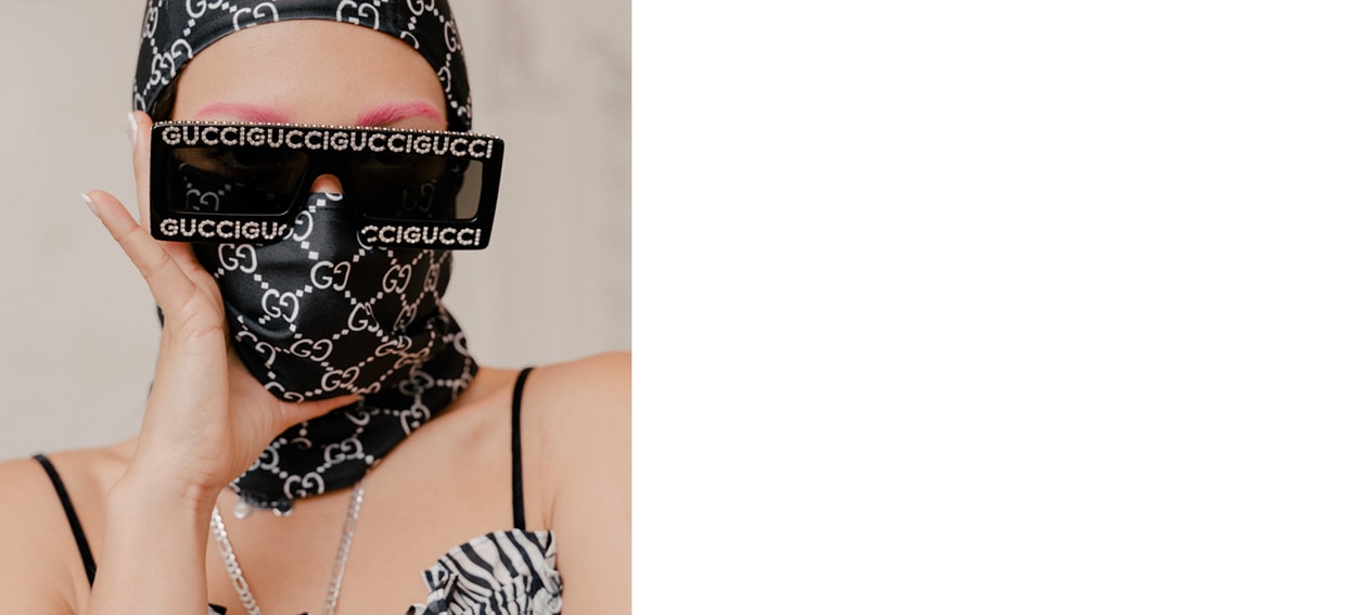 Mia Carucci Gucci Bootleg Balaclava Frankie Collective Sunglasses Bejeweled Logo Pink Eyebrows Brows Zebra Print Dress McQ Alexander McQueen Animal Print Trend Spring Summer 2019 Editorial LA Los Angeles DJ
