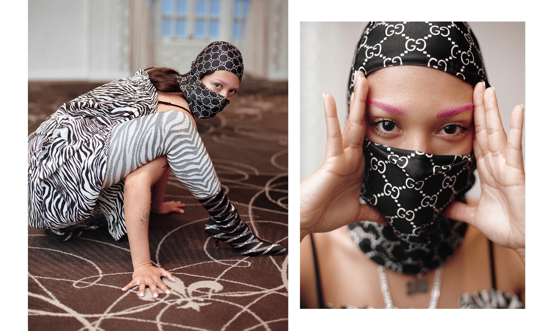 Mia Carucci Gucci Bootleg Balaclava Frankie Collective Sunglasses Bejeweled Logo Pink Eyebrows Brows Zebra Print Dress McQ Alexander McQueen Animal Print Trend Spring Summer 2019 Editorial LA Los Angeles DJ