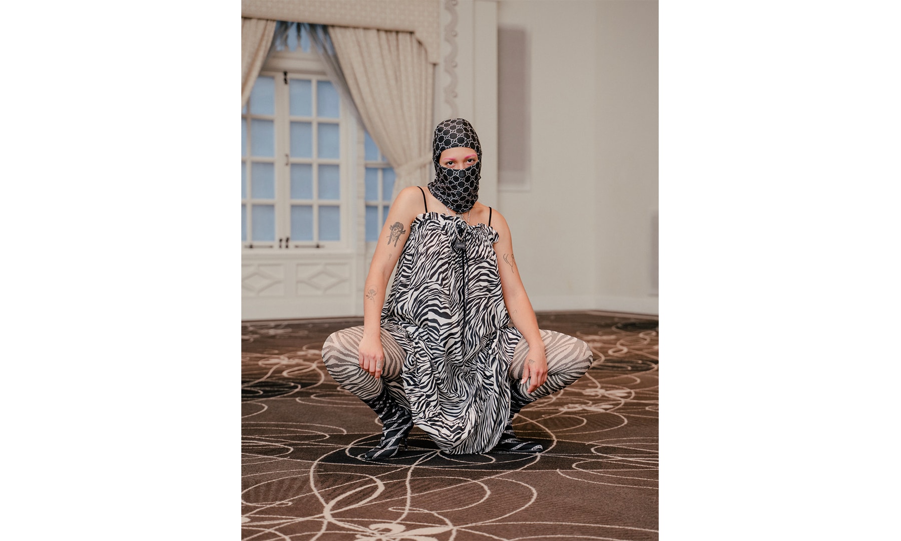 Mia Carucci Gucci Bootleg Balaclava Frankie Collective Sunglasses Bejeweled Logo Pink Eyebrows Brows Zebra Print Dress McQ Alexander McQueen Animal Print Trend Spring Summer 2019 Editorial LA Los Angeles DJ