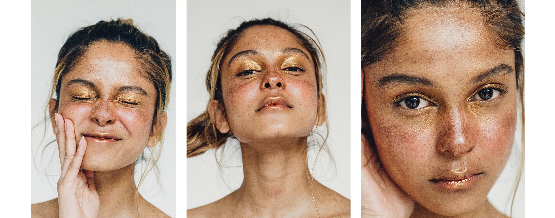 Makeup Editorial Beauty Mac Cosmetics Extra Dimension Foil Eye Shadow Gold Medalist Sparkle Glitter Blonde Hair Thilini Pradhana Model Toronto Freckles