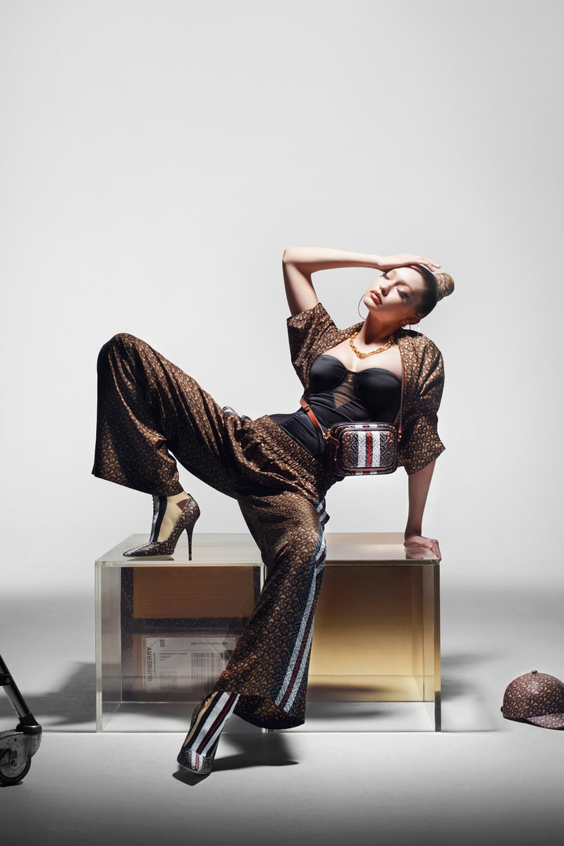 Burberry Monogram Collection Campaign Gigi Hadid Bustier Black Shirt Pants Brown