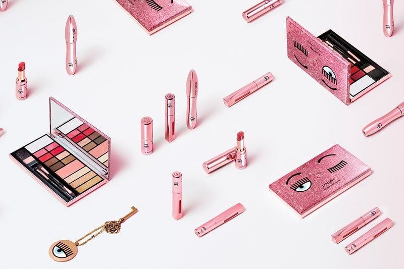 Chiara Ferragni Lancôme Makeup Collaboration 2019 Glittery Pink Mascara Face Palette Packaging Lipsticks Blue Eye Winking Logo Influencer Blogger The Blonde Salad highlighter blush lip gloss