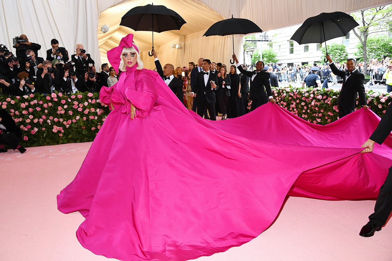 Lady Gaga Met Gala 2019 Celebrity Red Carpet Look Camp Notes on Fashion Brandon Maxwell Pink Dress Lingerie Underwear Black Bra