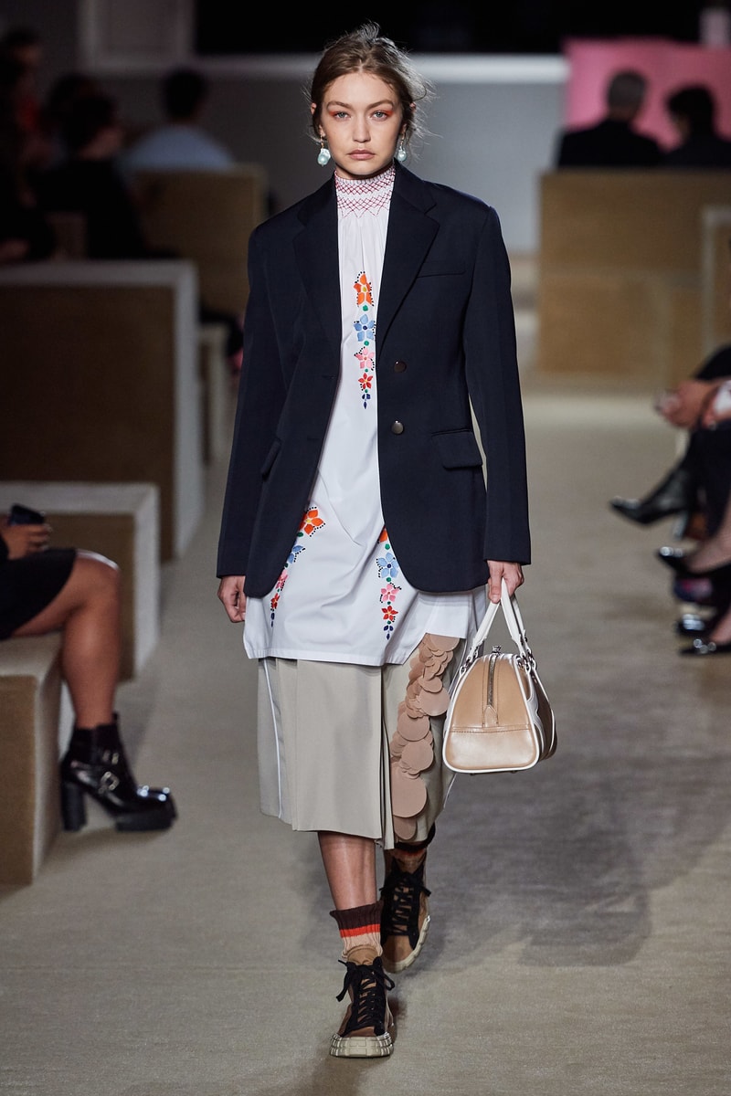 Prada Resort 2020 Collection Show New York Gigi Hadid Blazer Blue Shirt White