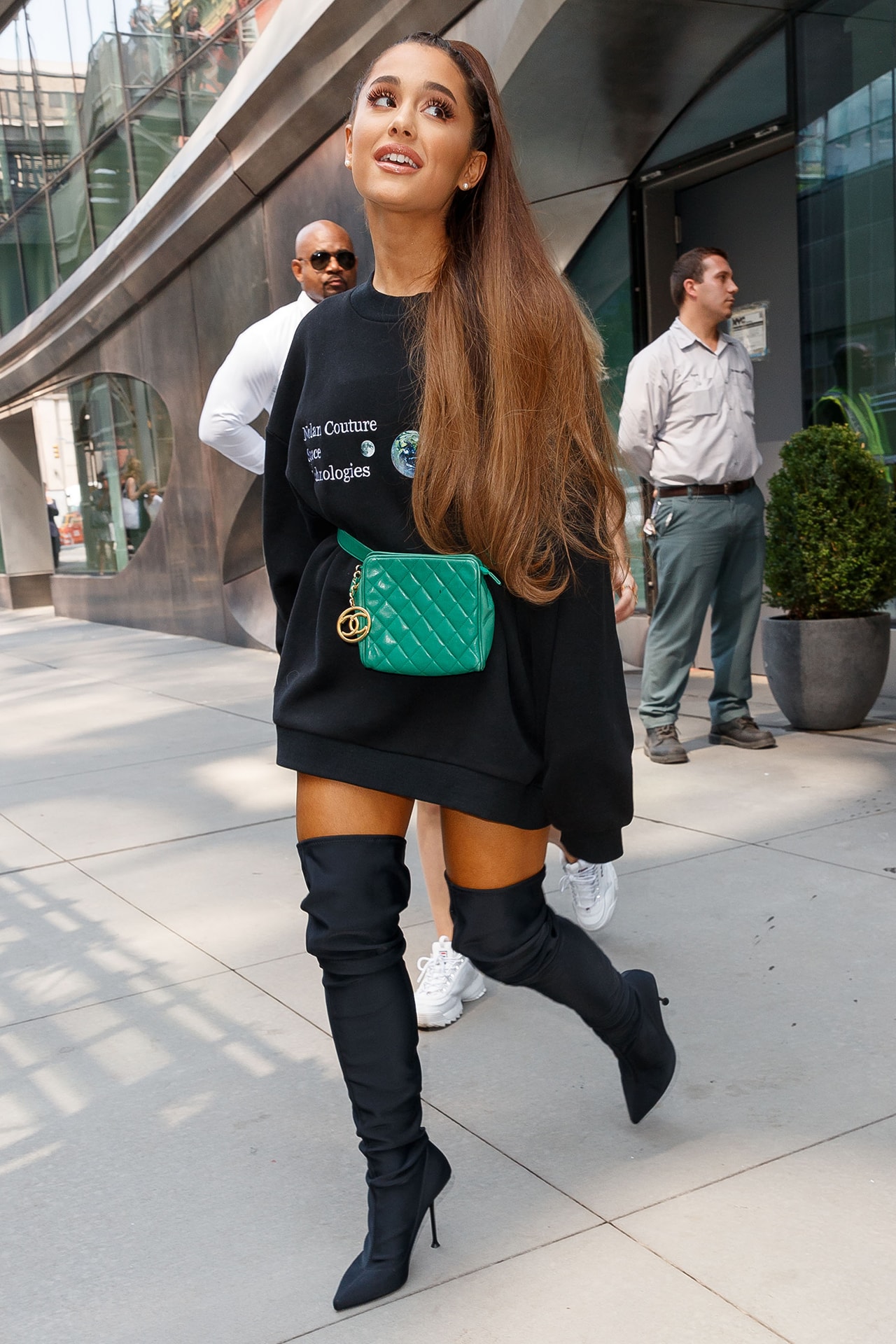 Ariana Grande Platinum Blonde Hair Ponytail Reebok T-Shirt Puffer Jacket 2018