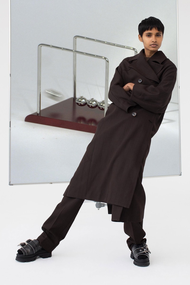 GANNI Pre-Spring 2020 Collection Lookbook Beige Khaki Tan Taupe Sand Trench Coat Jacket Silk Scarf Hat Beret 