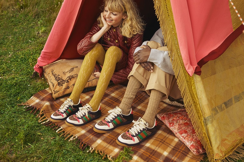 Gucci Screener Sneaker Leopard Print Green White Brown Red Dress Maroon Tights Yellow Pants Tan