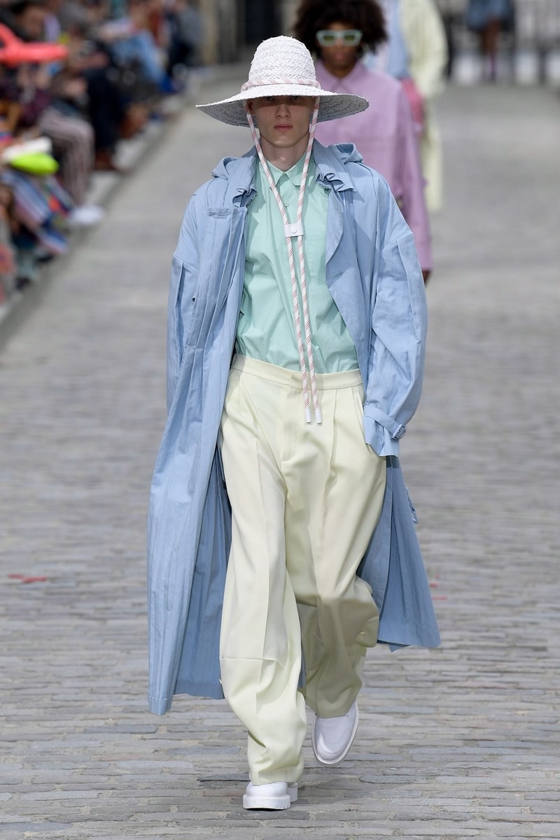 Louis Vuitton Virgil Abloh Spring Summer 2020 Paris Fashion Week Men's Show Collection Raincoat Blue Shirt Green Hat White Pants Yellow