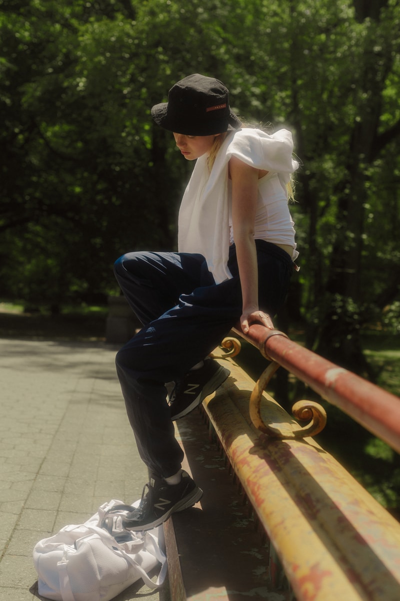 The Concept NY Vintage Summer Editorial Prada Bucket Hat Black Shirt White Sweatpants Blue
