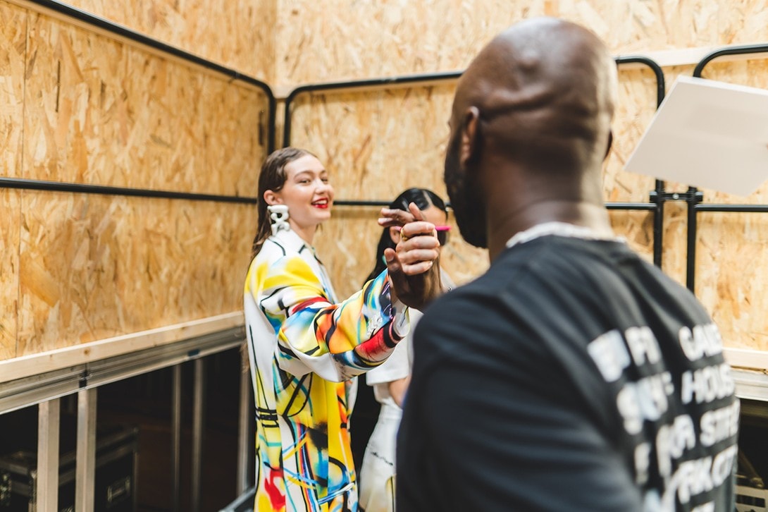 Off-White Virgil Abloh Spring Summer 2020 Paris Fashion Week Show Collection Backstage Gigi Hadid Blazer White Green Blue Red