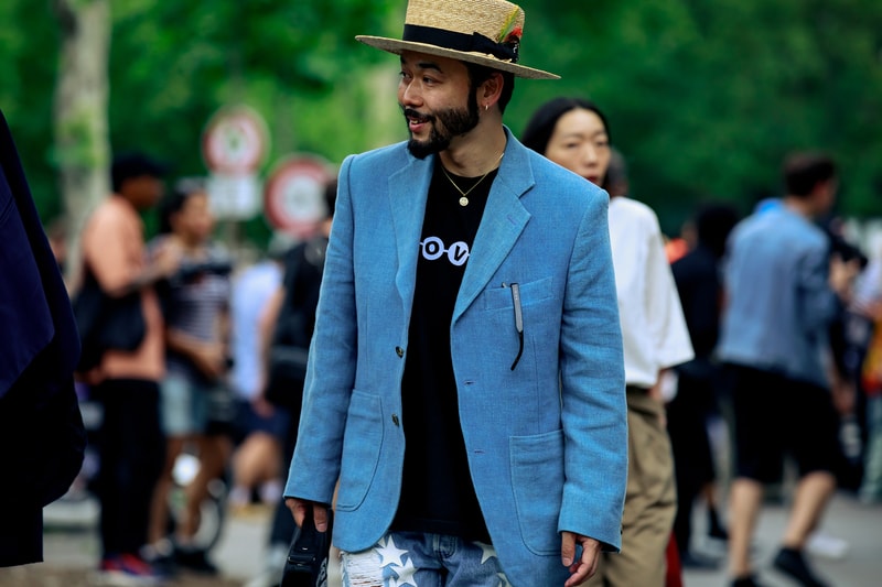 Paris Fashion Week Men's Spring Summer 2020 Street Style Jacket Blue Hat Tan