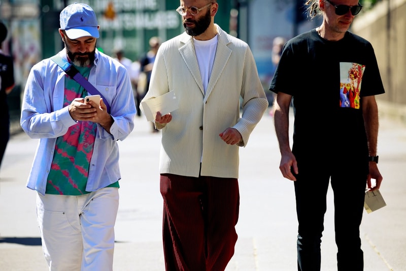 Paris Fashion Week Men's Spring Summer 2020 Street Style Jacket Blue Sweater Cream T Shirt Black