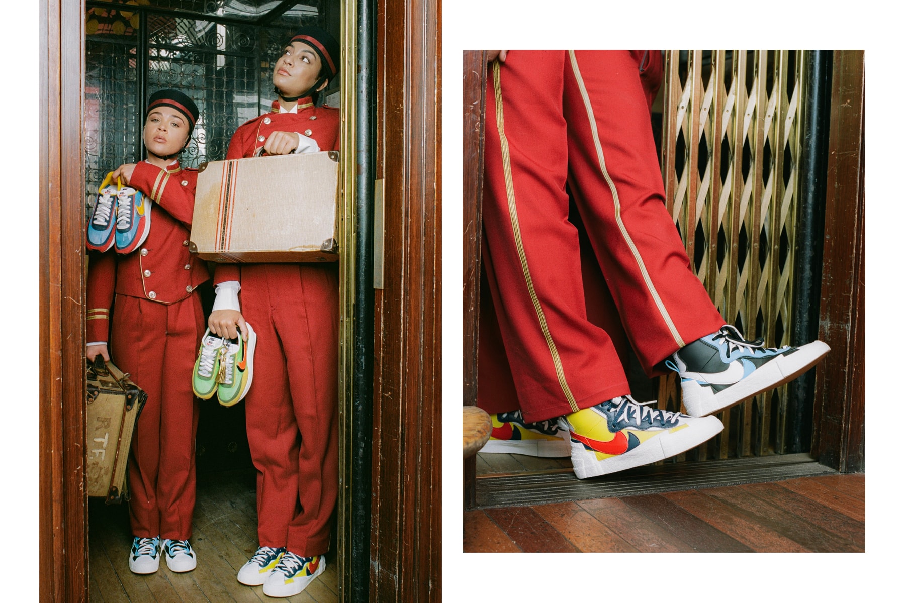 sacai x Nike LDWaffle Blazer Mid Editorial Wes Anderson The Grand Budapest Hotel Bellboy Uniform Green Yellow Orange
