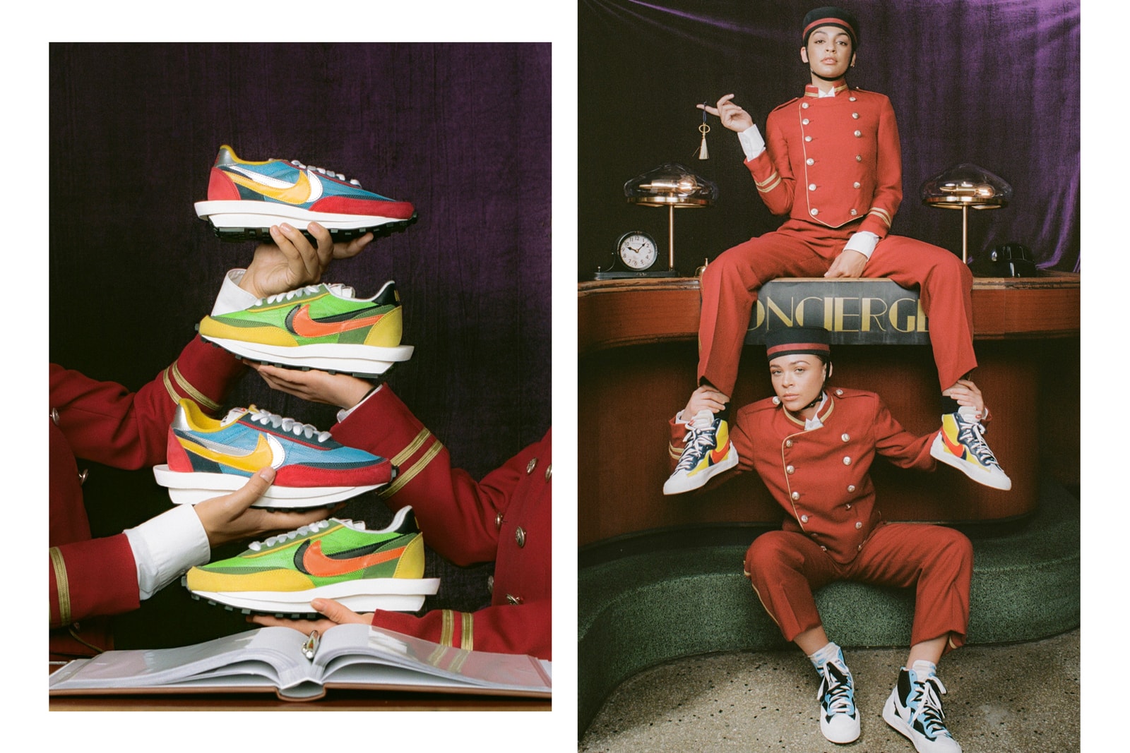 sacai x Nike LDWaffle Blazer Mid Editorial Wes Anderson The Grand Budapest Hotel Bellboy Uniform Green Yellow Orange