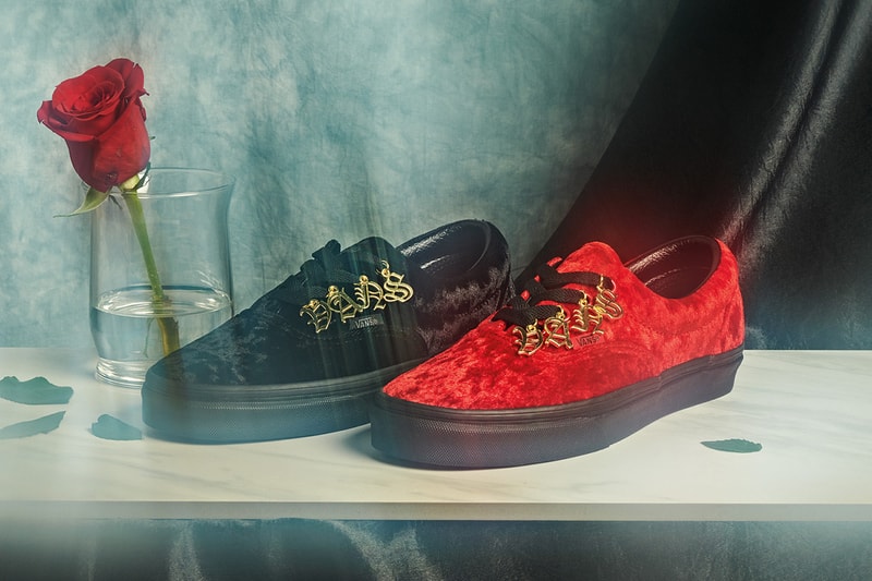 Vans Era Crushed Velvet Gold Logo Charms Nameplate Black Red