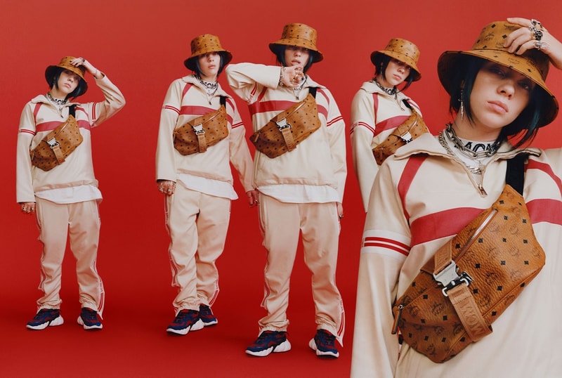 Billie Eilish MCM Fall Winter 2019 Campaign Jacket Sweat Pants White Bucket Hat Fanny Pack Brown