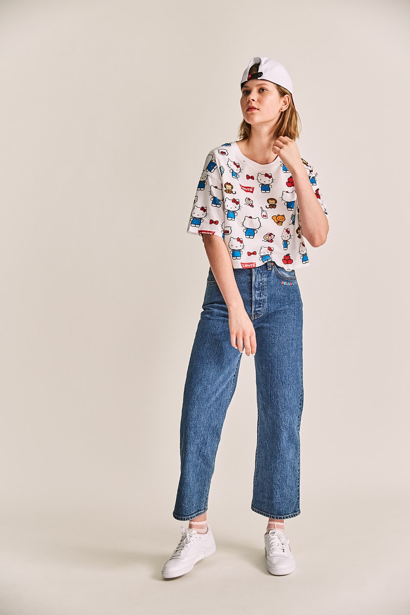 levis hello kitty anniversary collaboration collection womens girls limited edition tshirts overalls hoodies denim jackets jeans bags