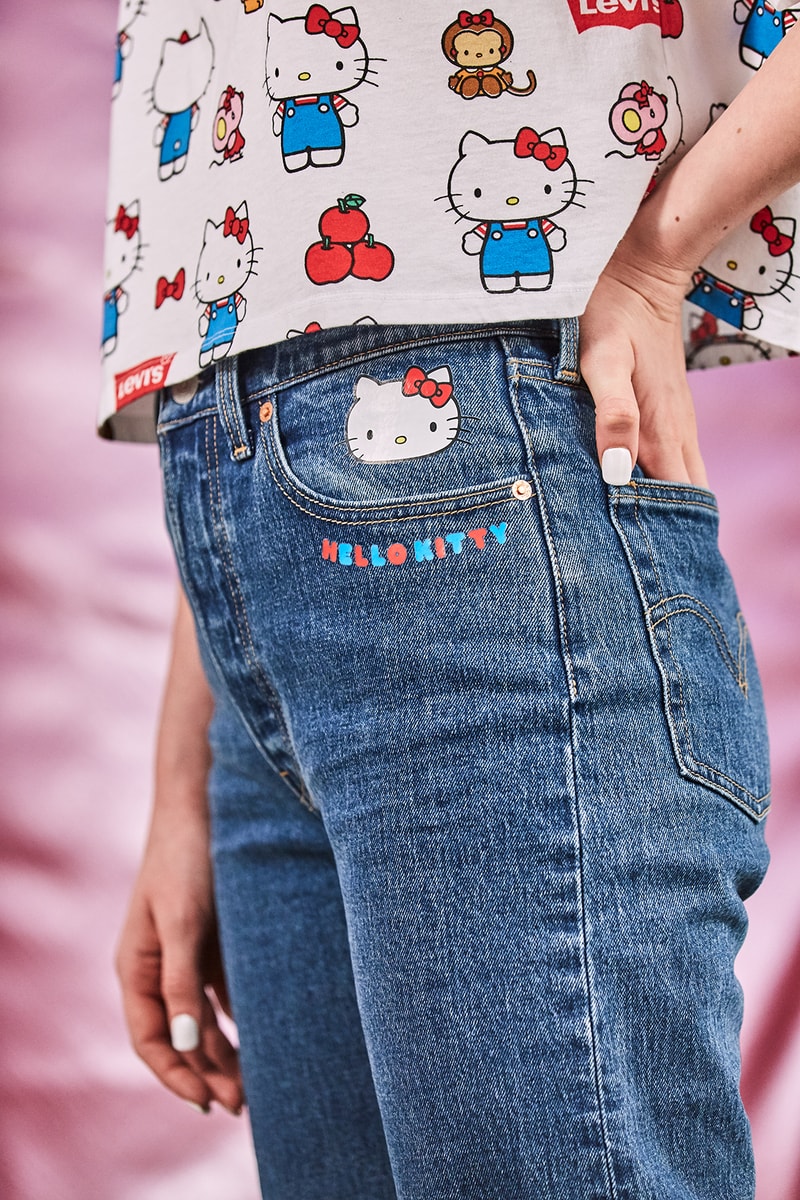 levis hello kitty anniversary collaboration collection womens girls limited edition tshirts overalls hoodies denim jackets jeans bags
