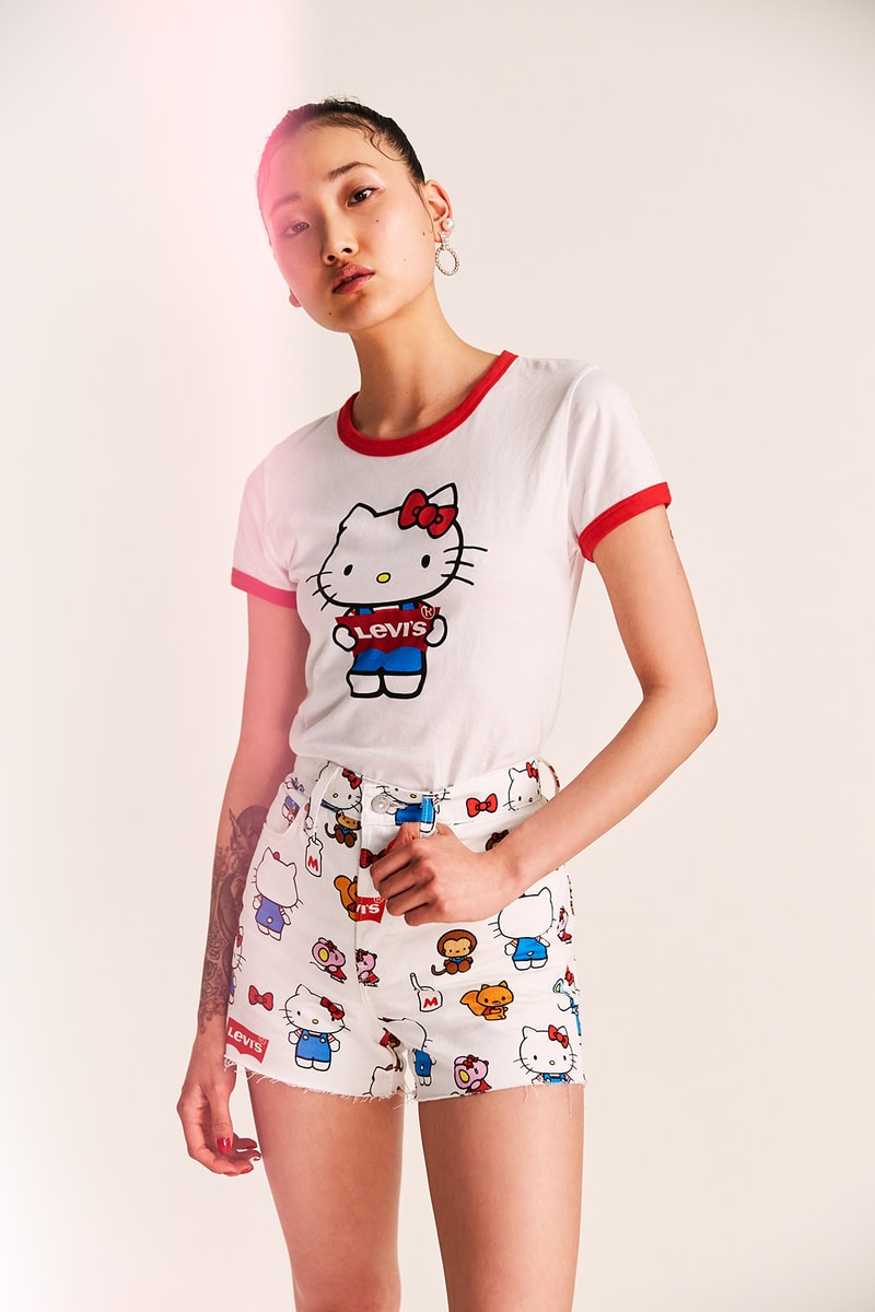 levis hello kitty anniversary collaboration collection womens girls limited edition tshirts overalls hoodies denim jackets jeans bags