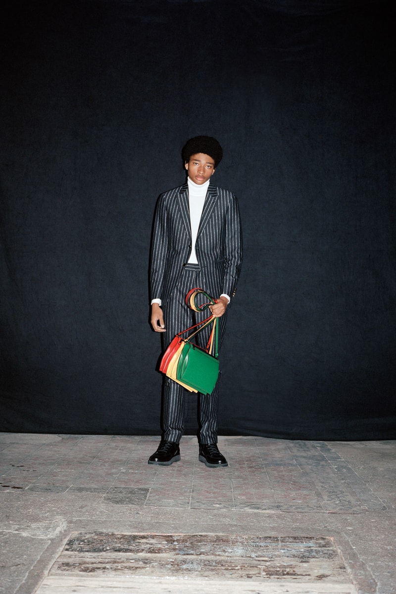 Louis Vuitton Men's Pre-Spring 2020 Lookbook Jacket Grey Bag Yellow Red Green