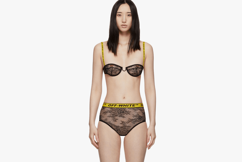 Off-White Bra Underwear Black Lace Industrial 50s Lingerie Set Yellow