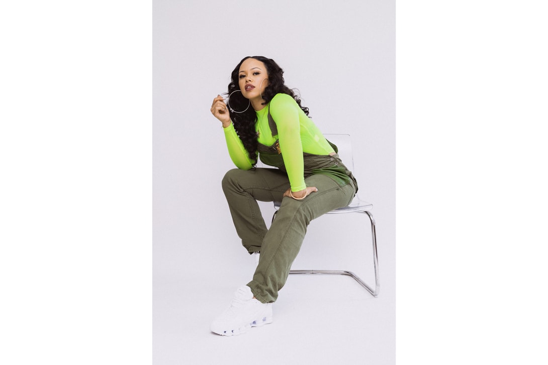 Elle Varner Shirt Overalls Green COMME des GARÇONS x Nike Shox TL Sneakers White