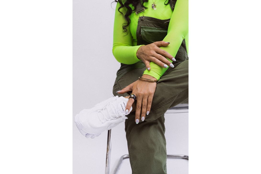 Elle Varner Shirt Overalls Green COMME des GARÇONS x Nike Shox TL Sneakers White