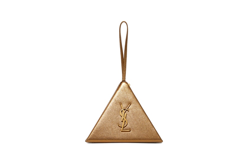 saint laurent clutch gold metallic leather pyramid designer bags purses logo plaque accessories luxury purse anthony vaccarello YSL 