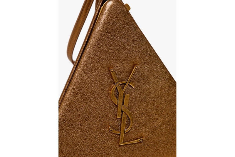 saint laurent clutch gold metallic leather pyramid designer bags purses logo plaque accessories luxury purse anthony vaccarello YSL 