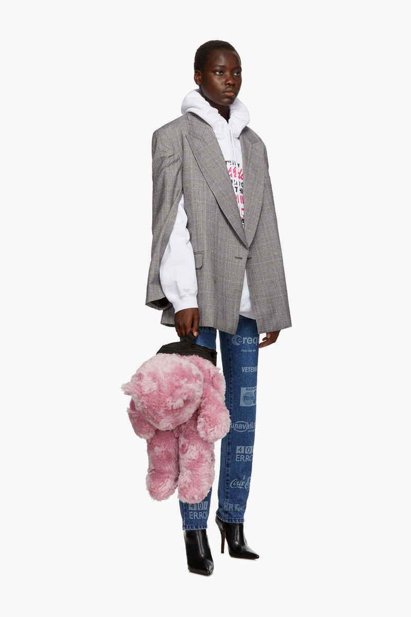 vetements surprise drop release ssense denim jacket bodysuit hoodies teddy bear bag pink demna gvasalia 