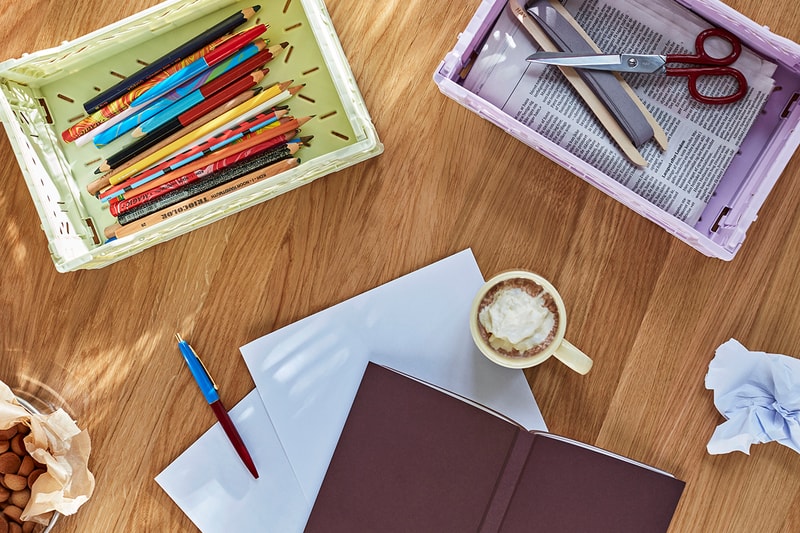Hay Color Crate Pastel Lilac Purple Green Pens Scissors Coffee Cup Stationery Copenhagen Denmark Danish Design