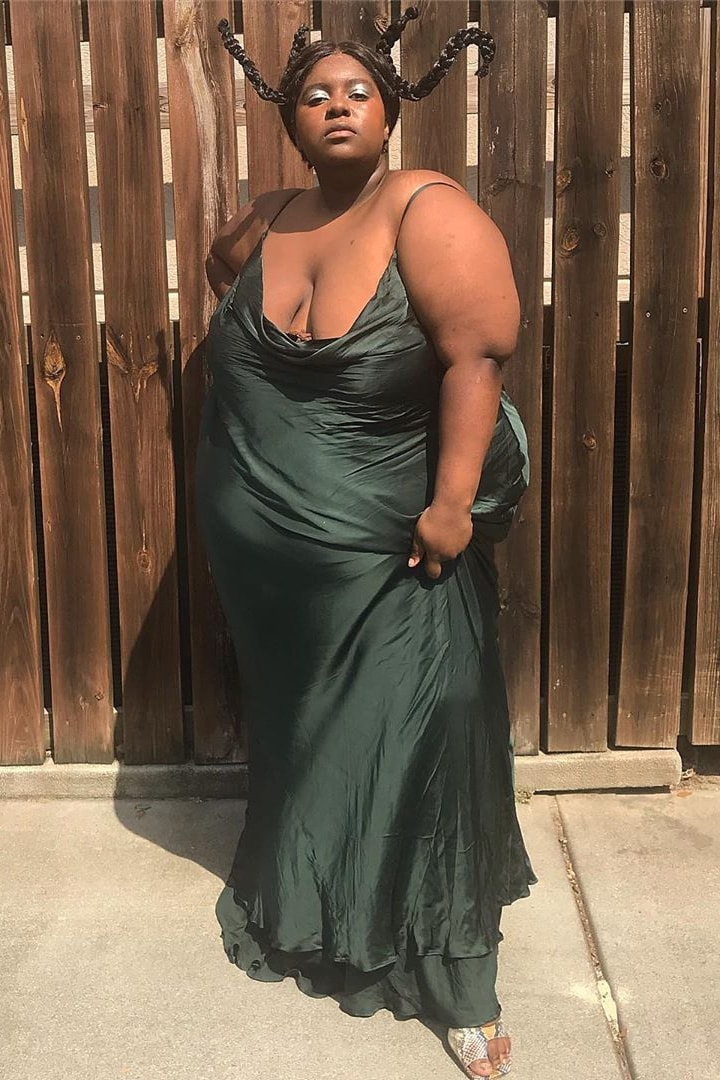 luhshawnay green metallic dress braids plus sized model body posivity inclusivity 