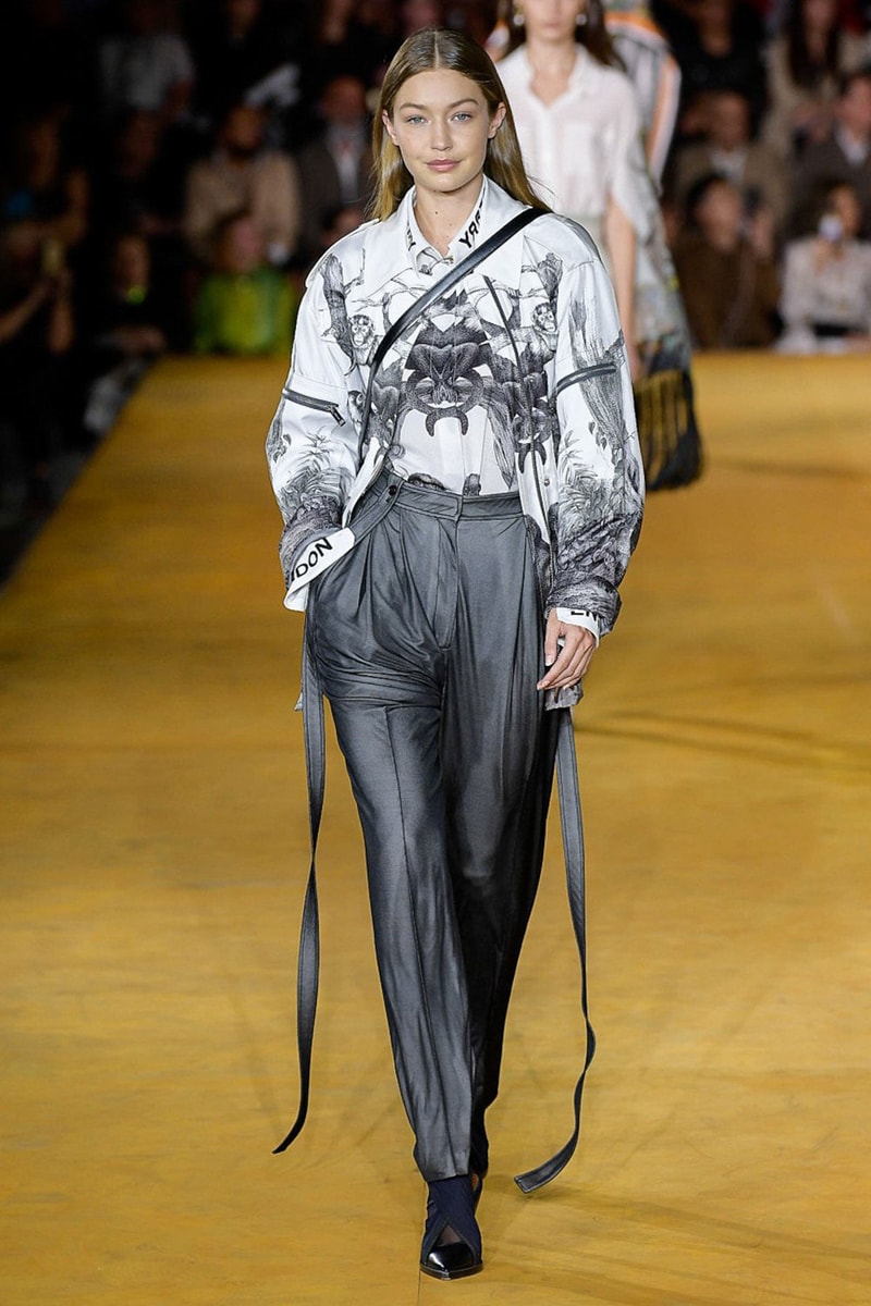Burberry Riccardo Tisci Spring Summer 2020 London Fashion Week Gigi Hadid Jacket White Pants Grey