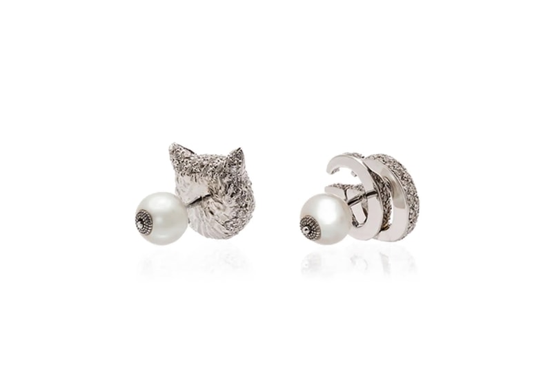 Gucci Logo Earrings 18K White Gold Cat Head 10,000 USD Diamond Material Pearl TEal Gemstone Luxury Accessory