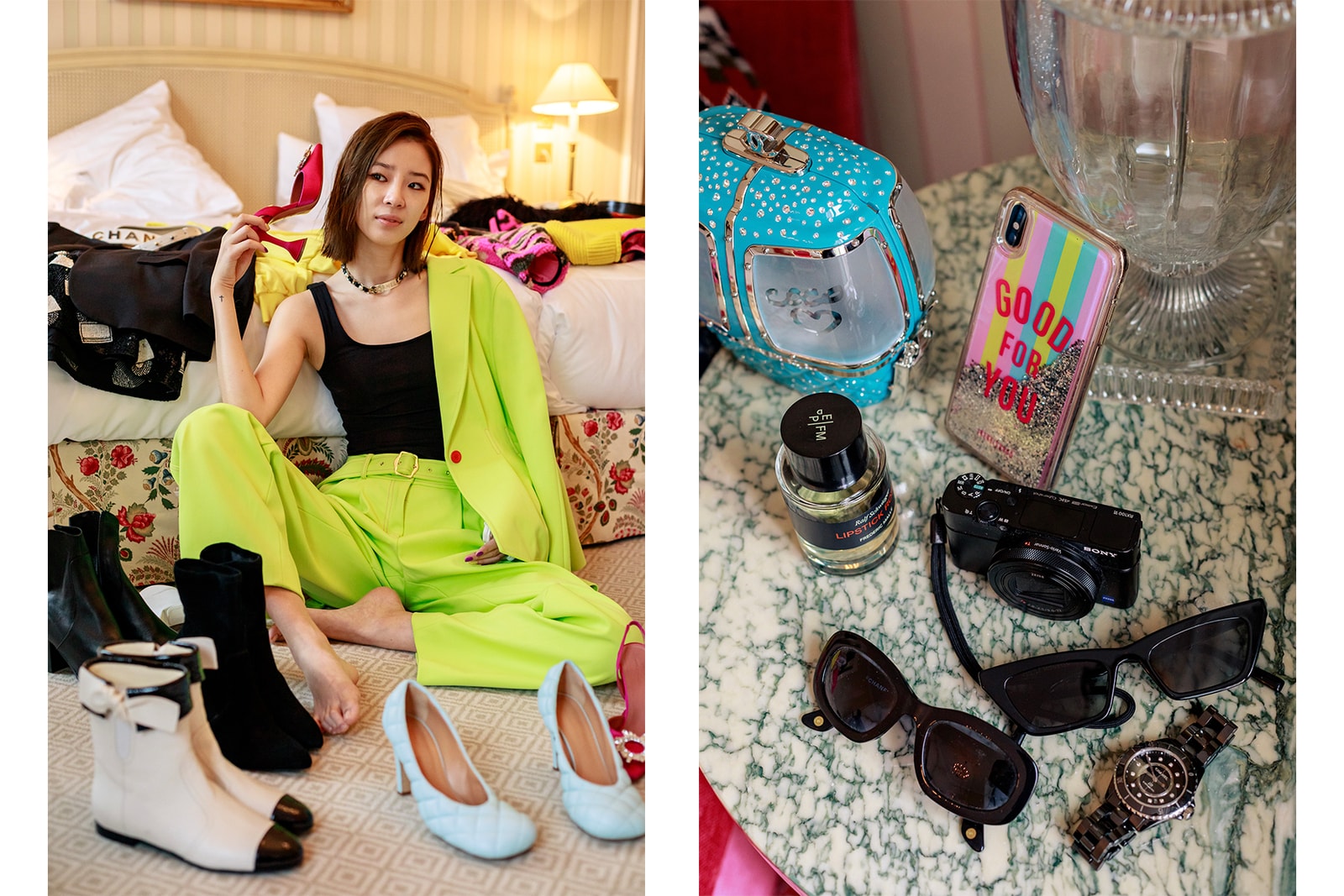 Irene Kim Street Style Influencer Celebrity Korean Model Pink Amina Muaddi High Heels Neon Green Sies Marjan Suit Hotel Room Bed Paris Fashion Week Spring Summer 2020 Hair