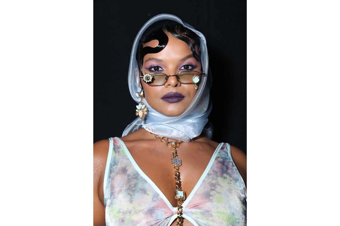 Rihanna Savage X Fenty Show New York Fashion Week Spring Summer 2020 Dress Black Maison Margiela Red Lip Earrings 