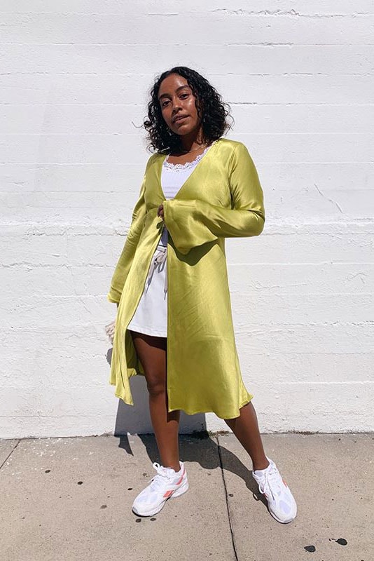 Eve Meets West Evelynn Escobar Thomas Rezek Studio Dion Top Avocado Green Dress Reebok Aztrek White