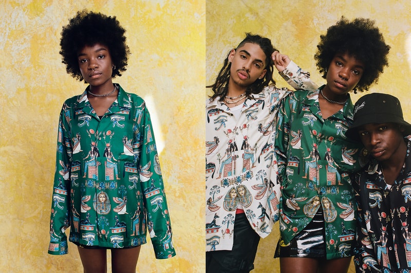 awake ny fall winter collection silk long sleeve shirt green white black egyptian print necklace accessories clothes fashion lookbook