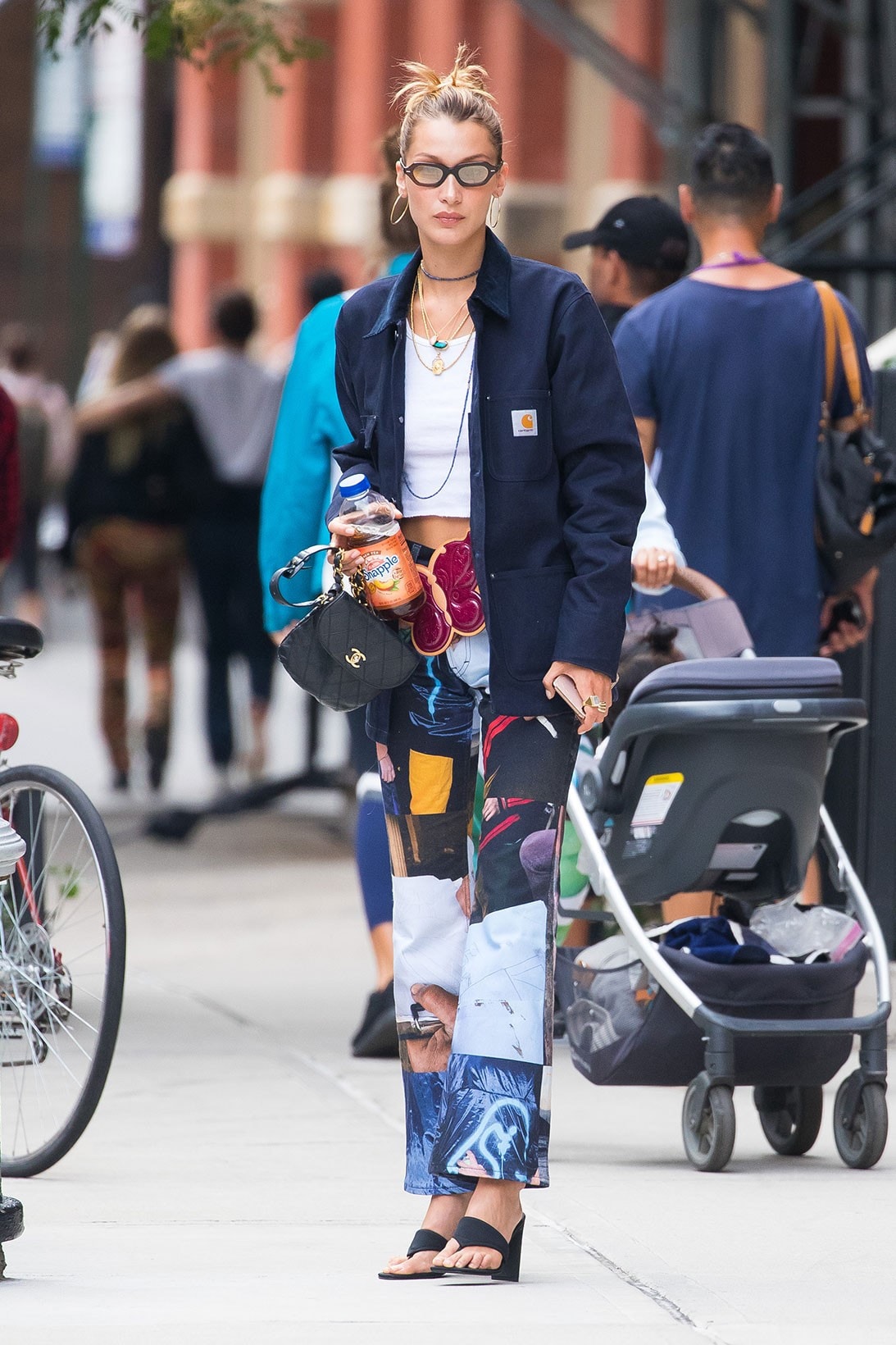 Bella Hadid Off-Duty Style Paris Fashion Week SS20 Spring Summer Off-White White Top Sunglasses Hoop Earrings Necklace Blonde Hair