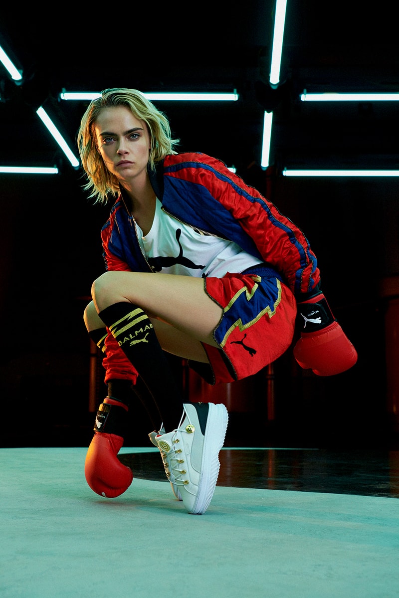 cara delevigne balmain puma sports bra boxing shorts gloves gear red white blue yellow model 